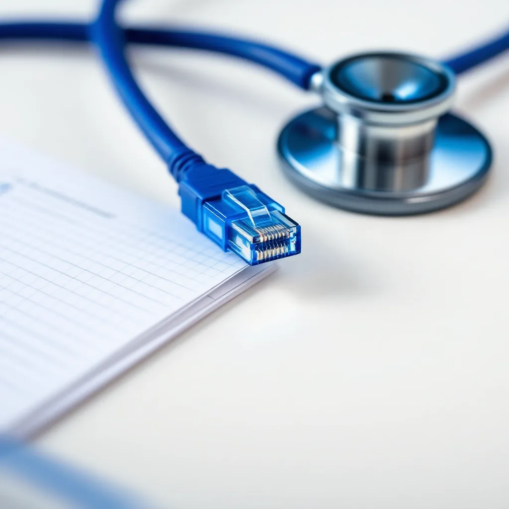 Patch cable, ticked checklist and stethoscope rim on a desk