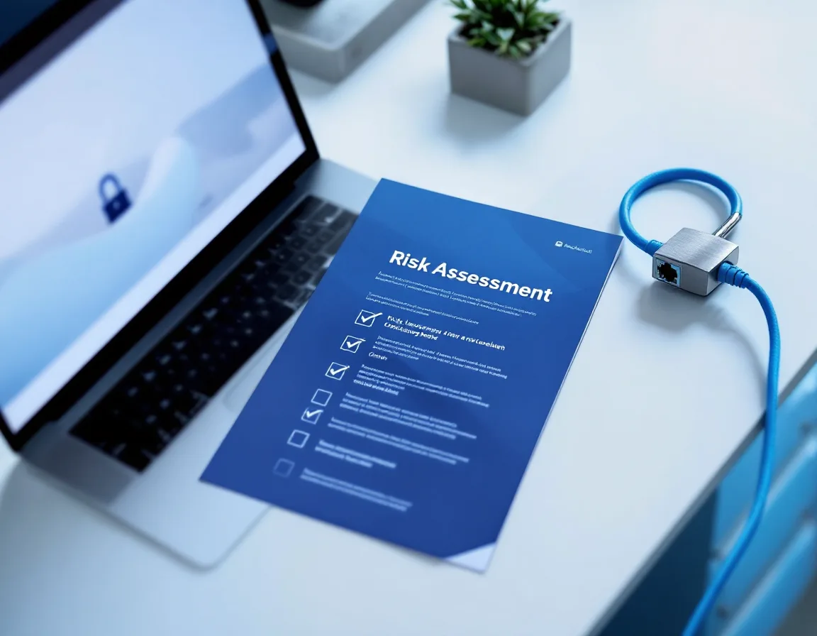 Printed risk report, patch cable and padlock on a clinic front desk